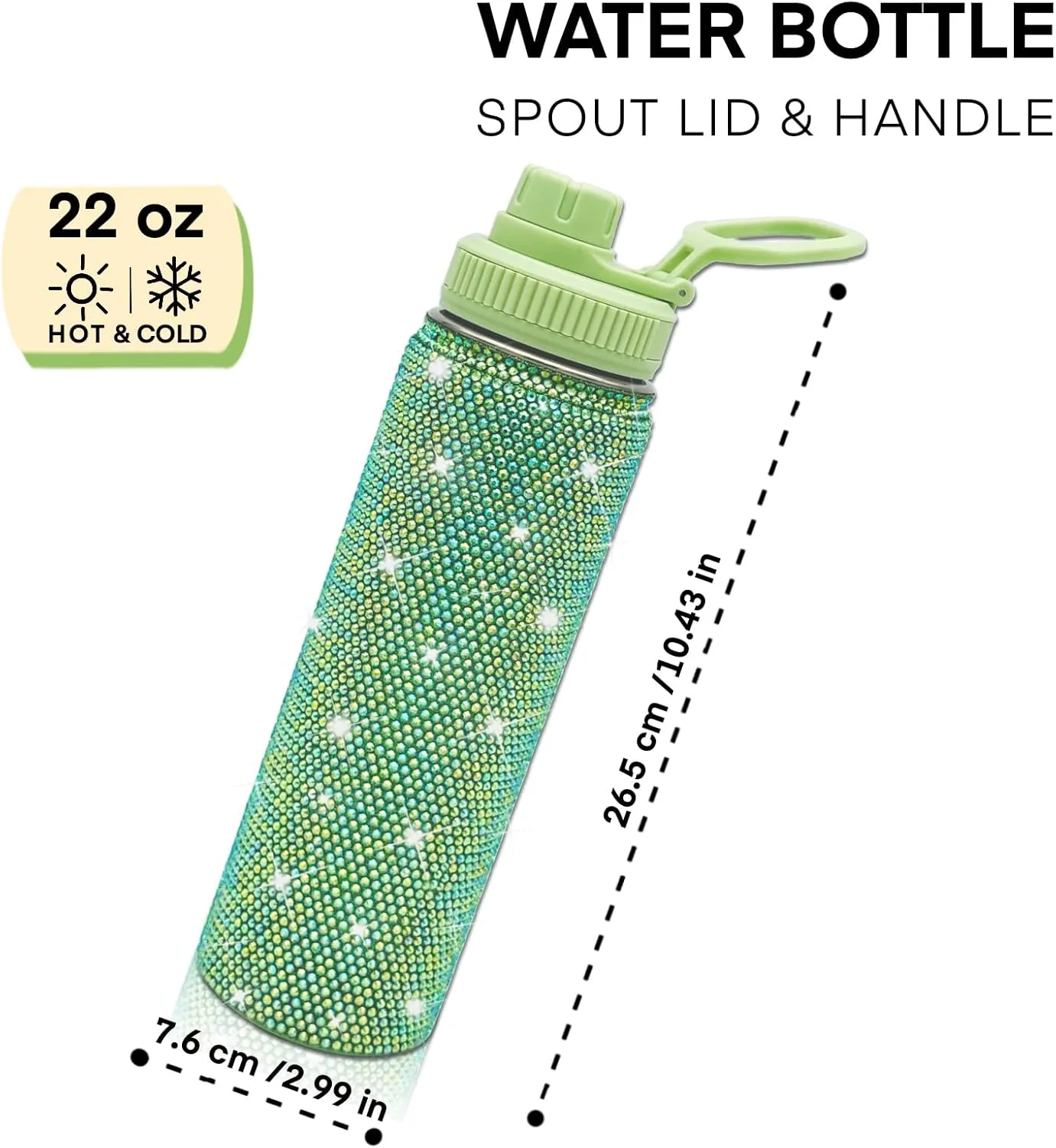 22oz Stainless Steel Bling Crystal Water Bottle Rhinestone Vacuum Insulated Bottle with Spout Lid Reusable Double-Wall Glitter Sport Bottle Gift for Women Girl (Green)
