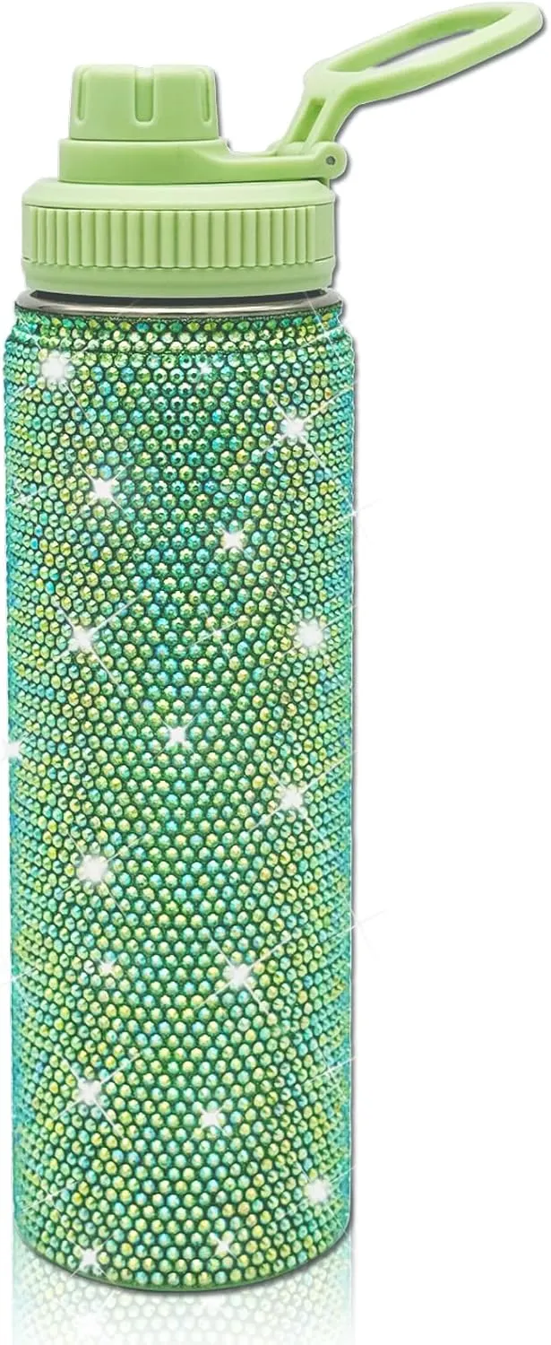 22oz Stainless Steel Bling Crystal Water Bottle Rhinestone Vacuum Insulated Bottle with Spout Lid Reusable Double-Wall Glitter Sport Bottle Gift for Women Girl (Green)