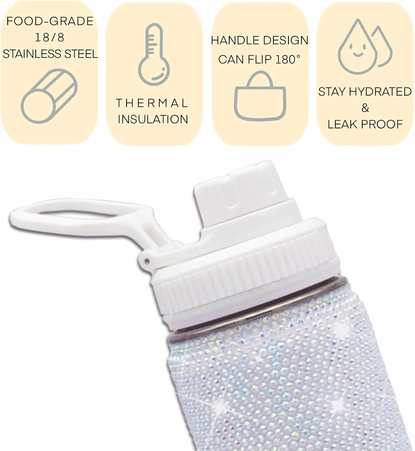 22oz Stainless Steel Bling Crystal Water Bottle Rhinestone Vacuum Insulated Bottle with Spout Lid Reusable Double-Wall Glitter Sport Bottle Gift for Women Girl (White)