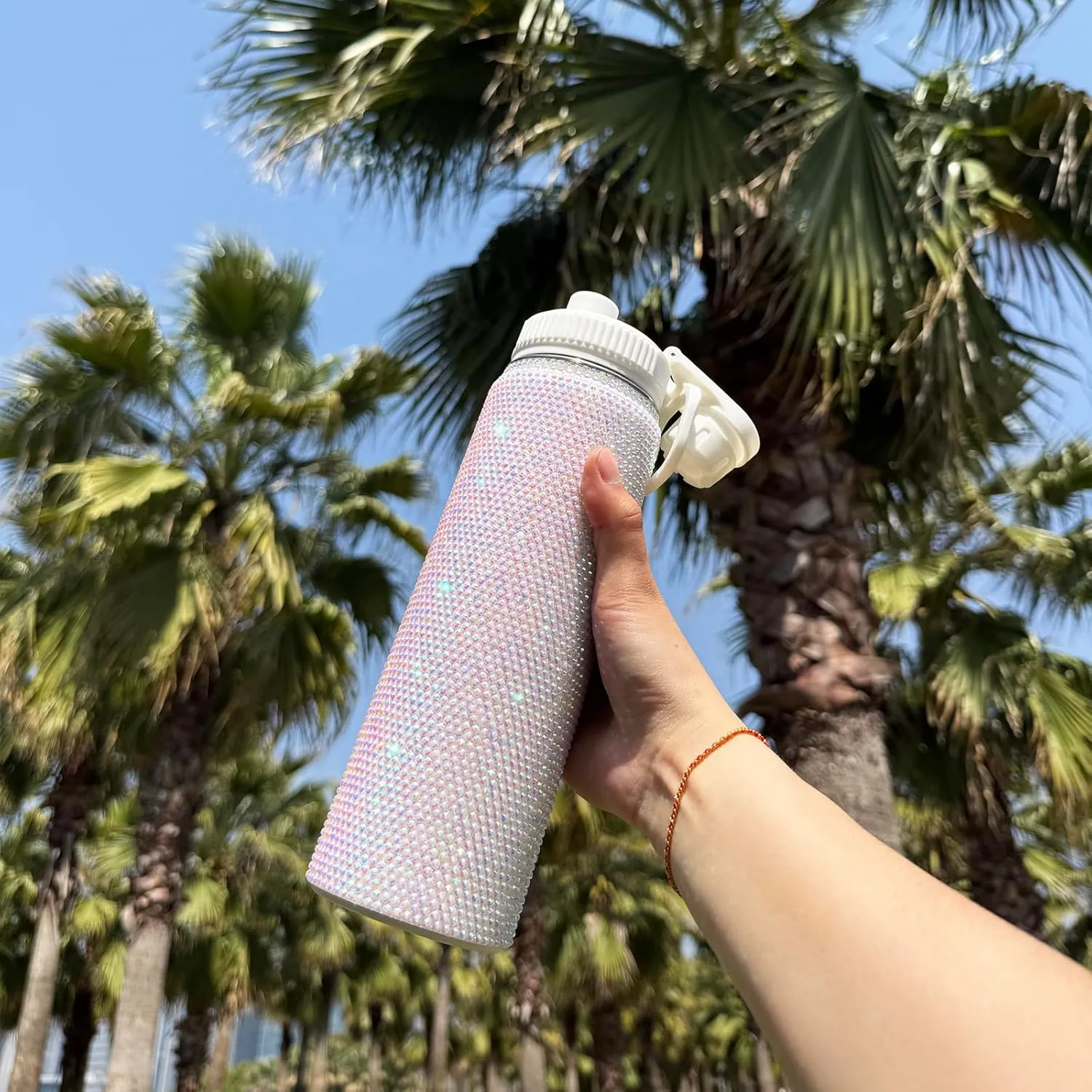 22oz Stainless Steel Bling Crystal Water Bottle Rhinestone Vacuum Insulated Bottle with Spout Lid Reusable Double-Wall Glitter Sport Bottle Gift for Women Girl (White)