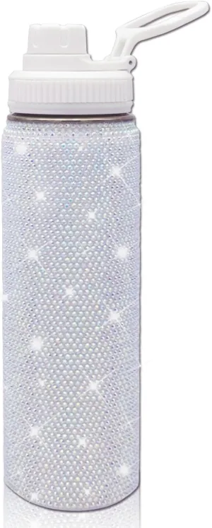 22oz Stainless Steel Bling Crystal Water Bottle Rhinestone Vacuum Insulated Bottle with Spout Lid Reusable Double-Wall Glitter Sport Bottle Gift for Women Girl (White)
