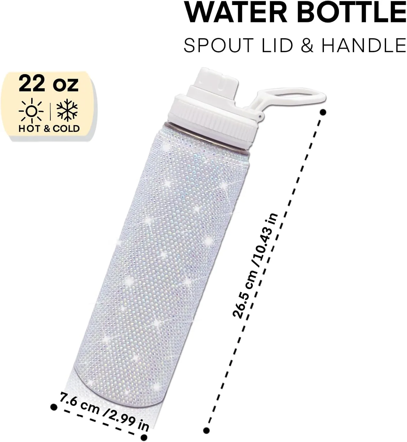 22oz Stainless Steel Bling Crystal Water Bottle Rhinestone Vacuum Insulated Bottle with Spout Lid Reusable Double-Wall Glitter Sport Bottle Gift for Women Girl (White)