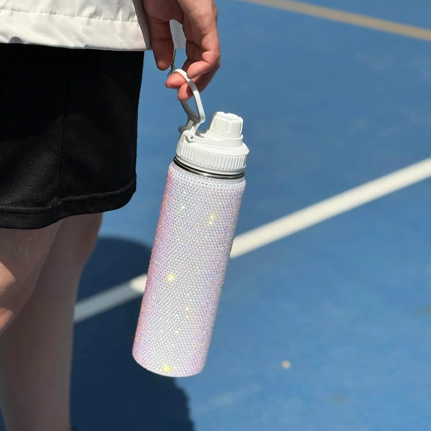 22oz Stainless Steel Bling Crystal Water Bottle Rhinestone Vacuum Insulated Bottle with Spout Lid Reusable Double-Wall Glitter Sport Bottle Gift for Women Girl (White)