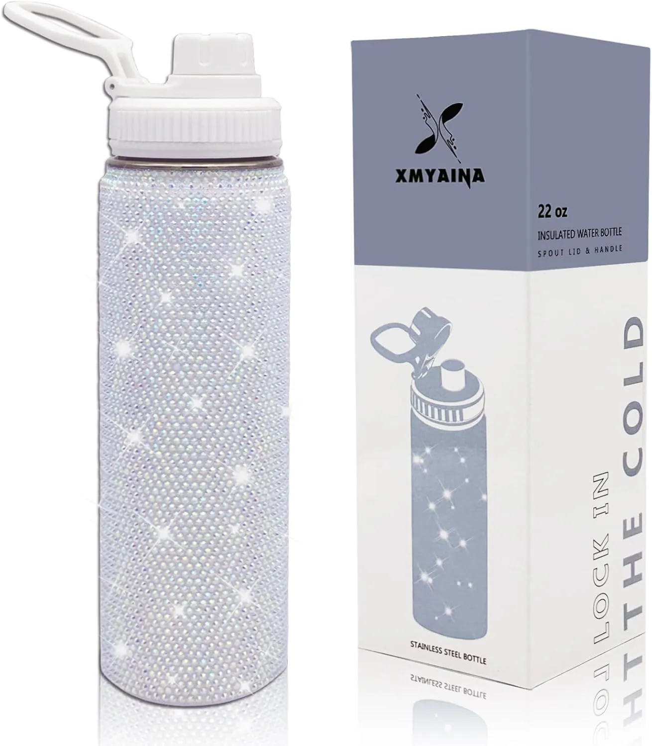 22oz Stainless Steel Bling Crystal Water Bottle Rhinestone Vacuum Insulated Bottle with Spout Lid Reusable Double-Wall Glitter Sport Bottle Gift for Women Girl (White)