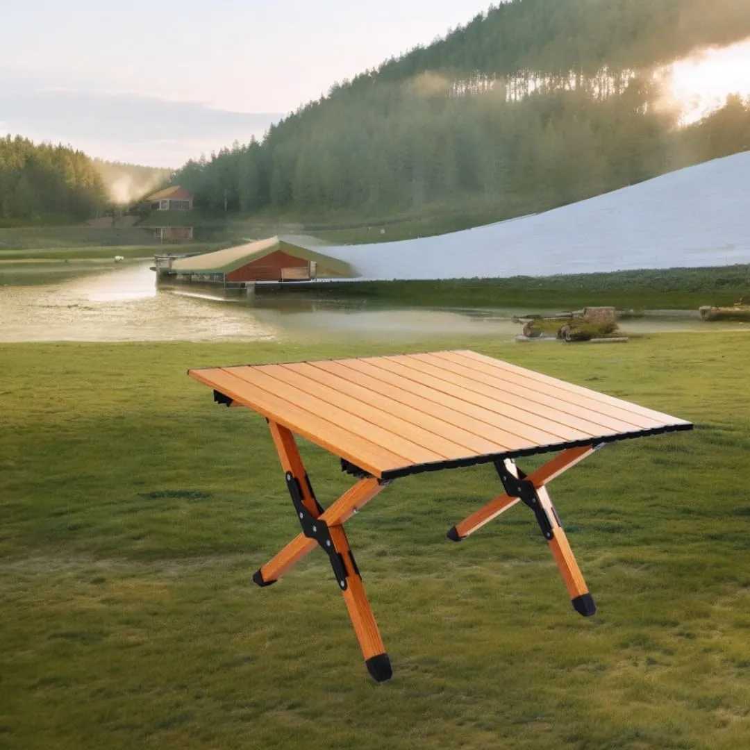 24''L Portable Rectangular Aluminum Outdoor Camping Table with Wooden Skin Roll-Up Table Top and Foldable Legs, Lightweight and Waterproof (Light Brown)