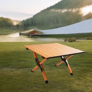 24''L Portable Rectangular Aluminum Outdoor Camping Table with Wooden Skin Roll-Up Table Top and Foldable Legs, Lightweight and Waterproof (Light Brown)