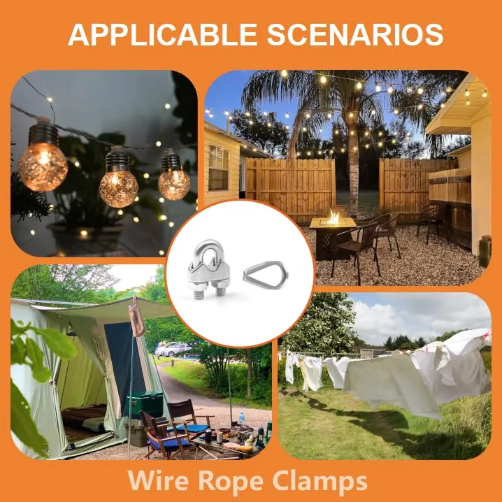 24Pcs M6 Wire Rope Clamps Cable Clamps 12Pcs 1/4”Wire Rope Thimble U Bolt Saddle Fastener 304 Stainless Steel Cable Clamps (M6-1/4”, 24)