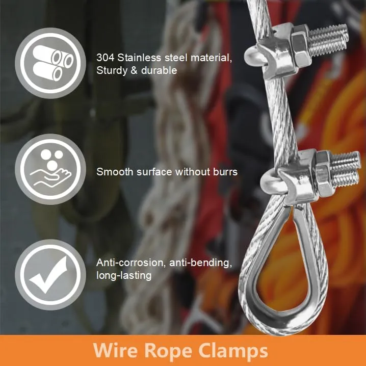 24Pcs M6 Wire Rope Clamps Cable Clamps 12Pcs 1/4”Wire Rope Thimble U Bolt Saddle Fastener 304 Stainless Steel Cable Clamps (M6-1/4”, 24)