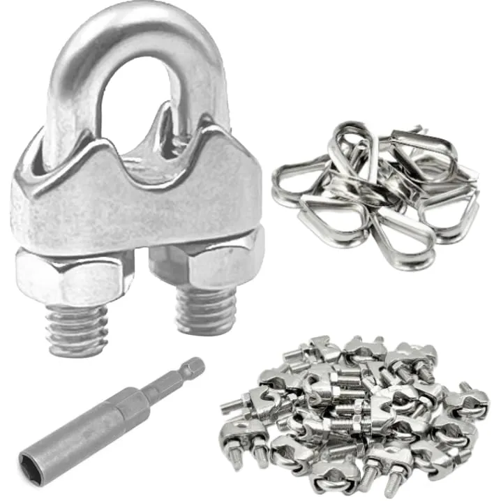 24Pcs M6 Wire Rope Clamps Cable Clamps 12Pcs 1/4”Wire Rope Thimble U Bolt Saddle Fastener 304 Stainless Steel Cable Clamps (M6-1/4”, 24)