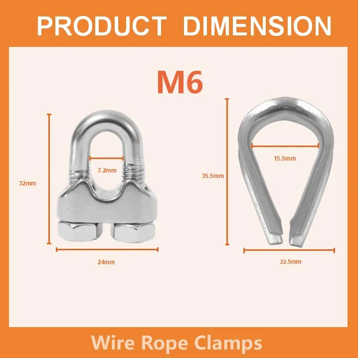24Pcs M6 Wire Rope Clamps Cable Clamps 12Pcs 1/4”Wire Rope Thimble U Bolt Saddle Fastener 304 Stainless Steel Cable Clamps (M6-1/4”, 24)