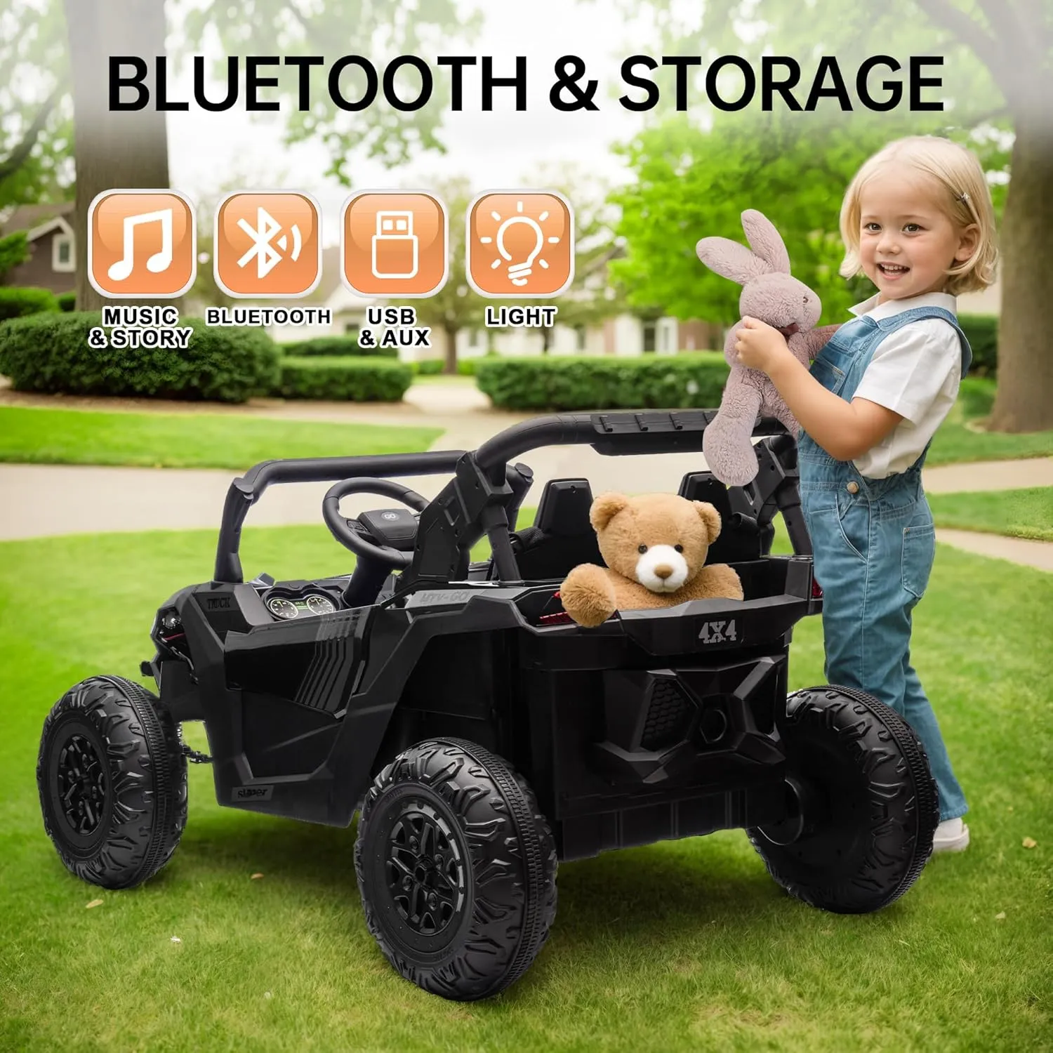 24V 2 Seater Ride on Car for Kids, 400W XL Electric UTV Car W/Parents Remote Control, Power Wheels with Four-Wheel Suspension, 20" Wide Seat, Storage Space, Music, USB, Bluetooth, Black