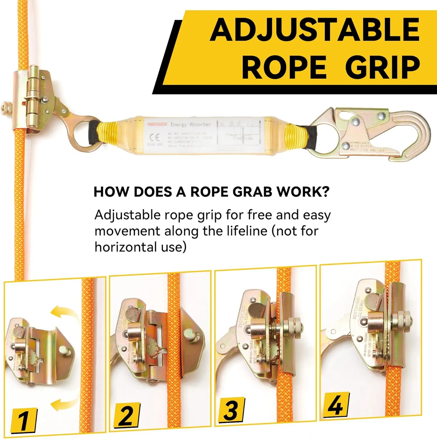25ft Vertical Roofing Rope，Fall Protection Safety Rope with Two Rope Grab Snap Hooks Shock Absorber，Vertical Lifeline Assembly，Safety Climbing Equipment Roofing Safety Kit