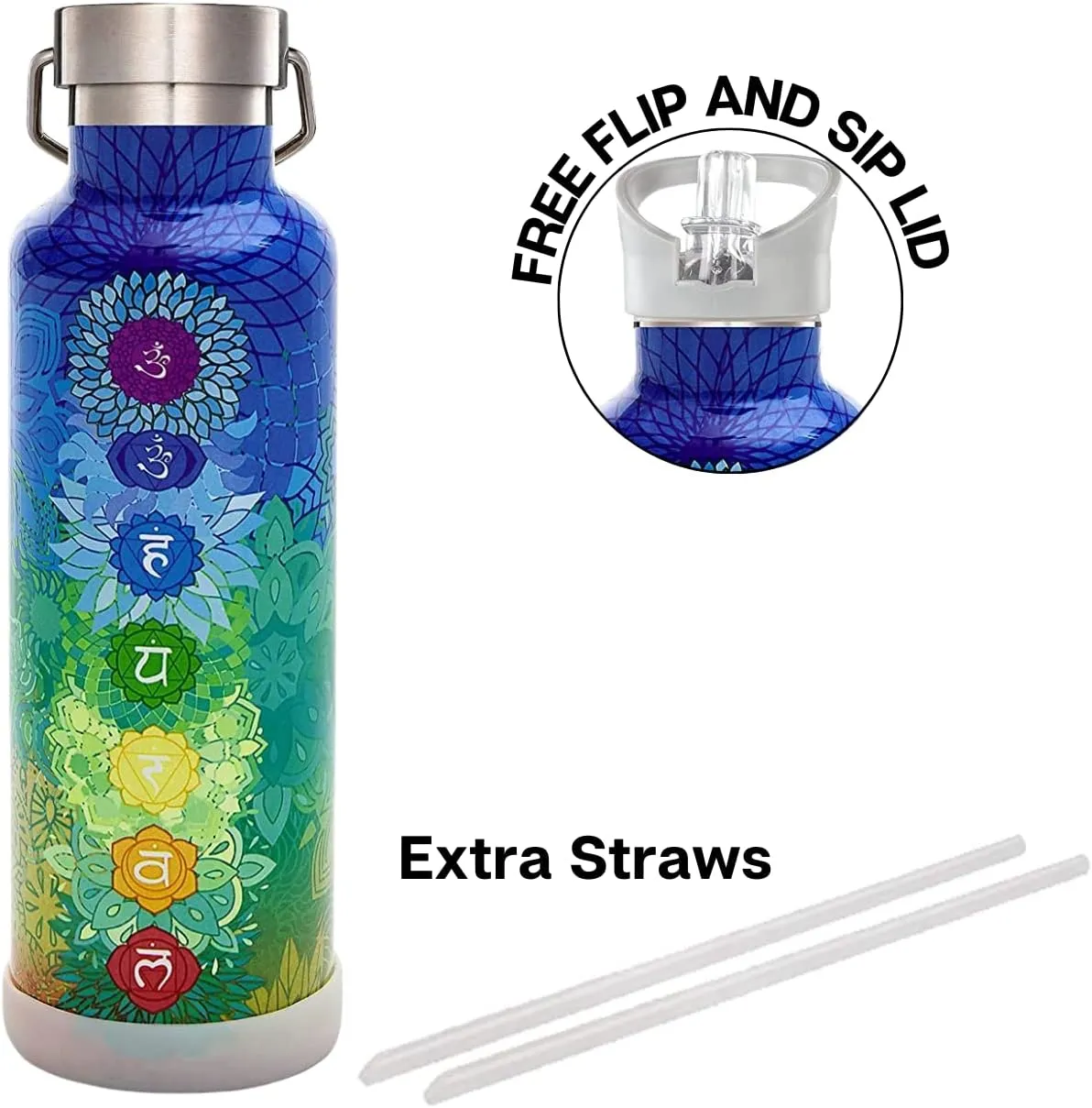 25oz Insulated Water Bottle with Straw, Bonus Lids and Leak Proof Flask to Keep Liquids Hot or Cold- Triple Wall Vacuum Water Bottle Insulated, Perfect for Gifts