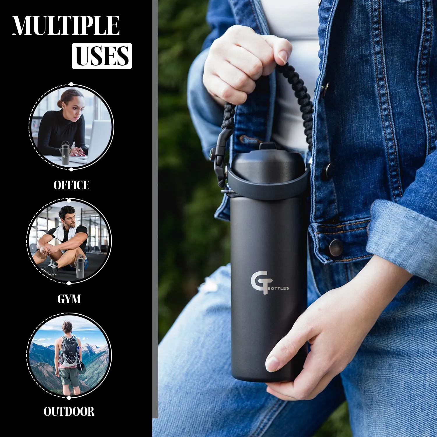 25oz Stainless Steel Vacuum Insulated Wide Mouth Water Bottle with 3 Lids and Paracord Handle for Hot & Cold Beverage (Black, 25oz)