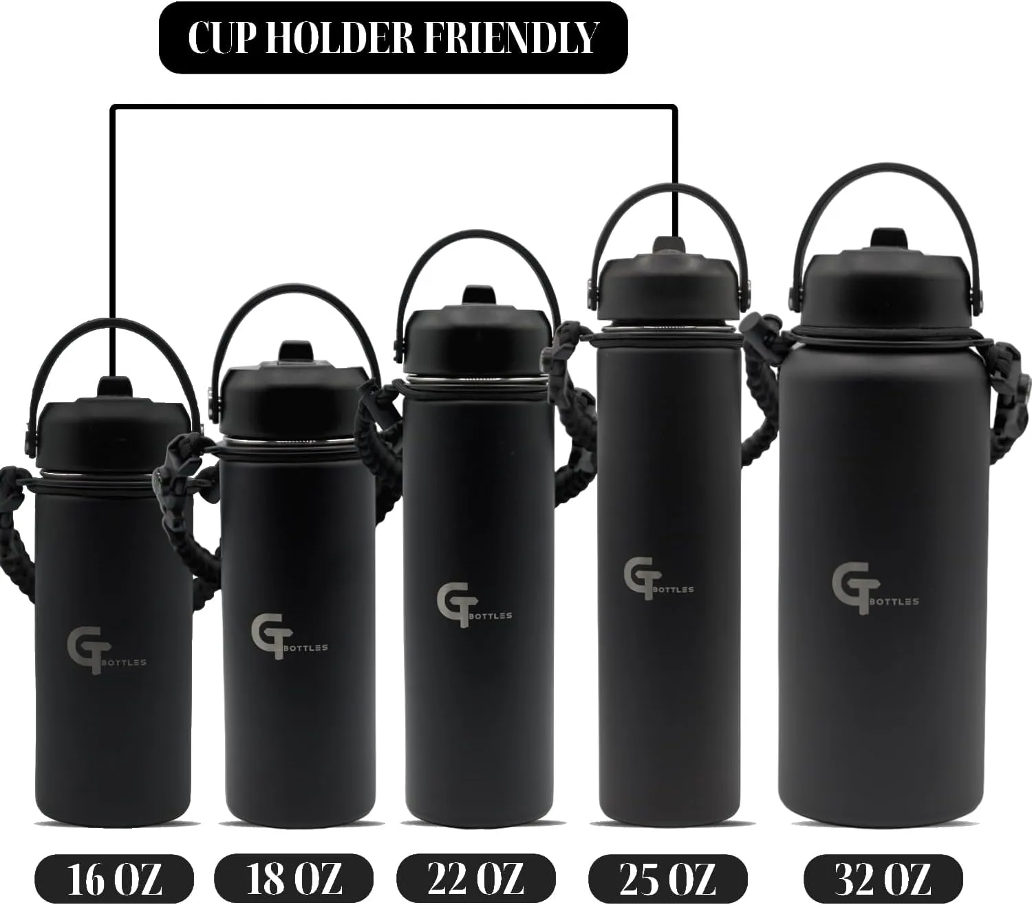 25oz Stainless Steel Vacuum Insulated Wide Mouth Water Bottle with 3 Lids and Paracord Handle for Hot & Cold Beverage (Black, 25oz)