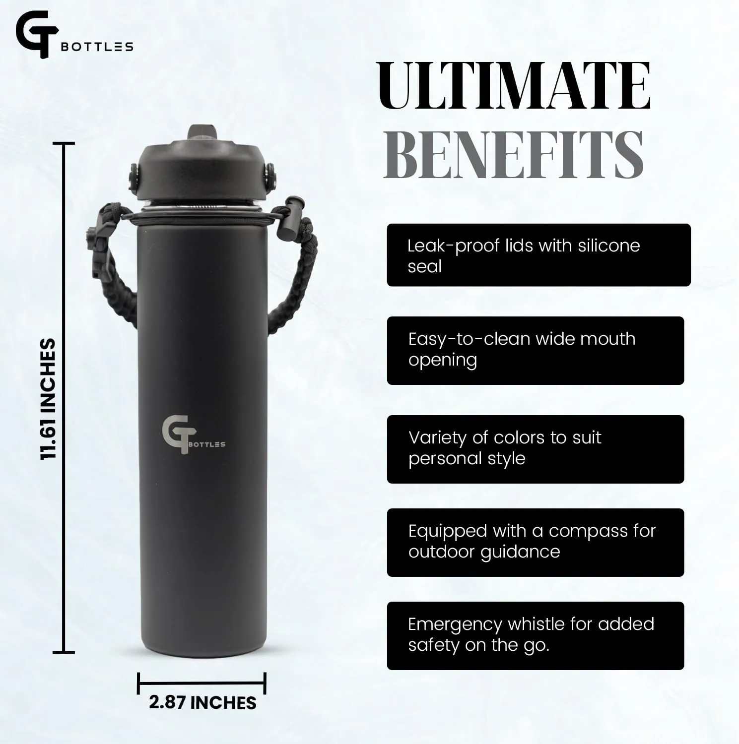 25oz Stainless Steel Vacuum Insulated Wide Mouth Water Bottle with 3 Lids and Paracord Handle for Hot & Cold Beverage (Black, 25oz)