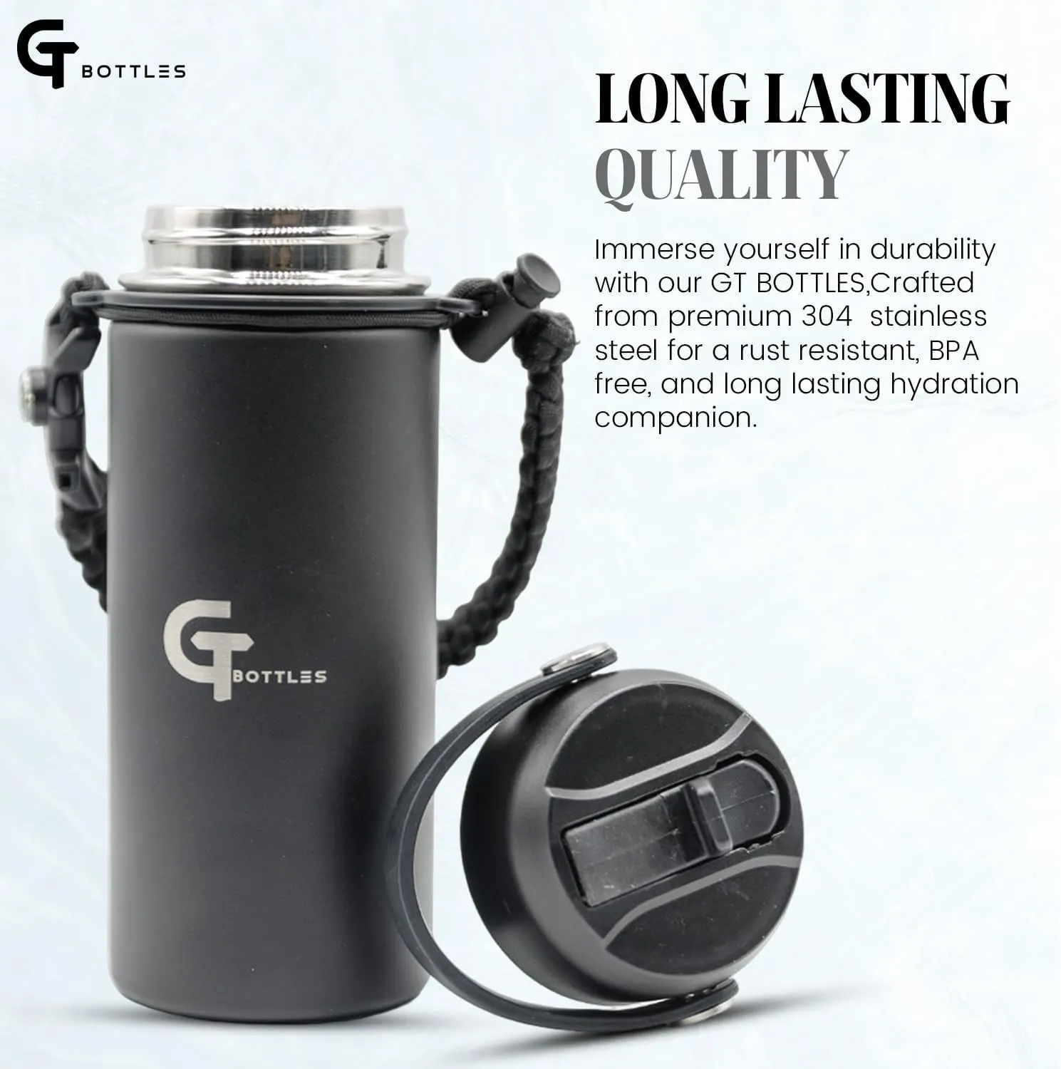 25oz Stainless Steel Vacuum Insulated Wide Mouth Water Bottle with 3 Lids and Paracord Handle for Hot & Cold Beverage (Black, 25oz)