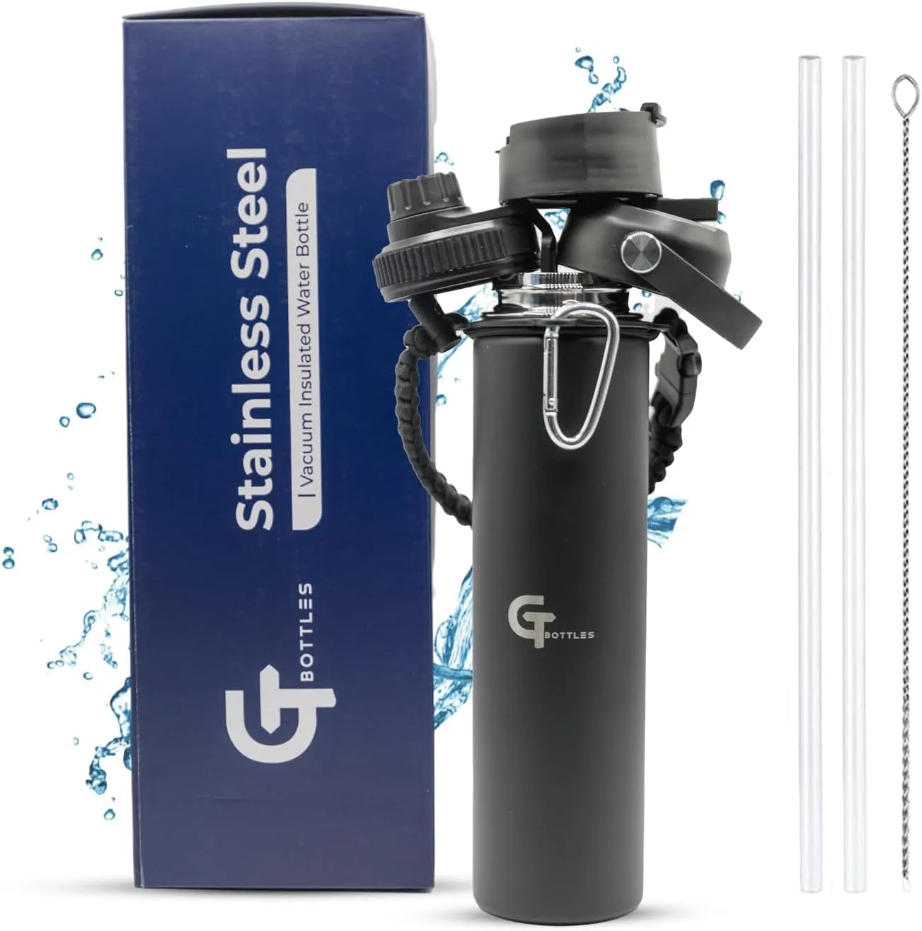 25oz Stainless Steel Vacuum Insulated Wide Mouth Water Bottle with 3 Lids and Paracord Handle for Hot & Cold Beverage (Black, 25oz)