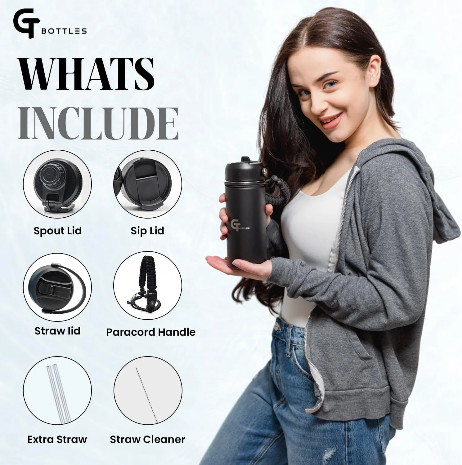 25oz Stainless Steel Vacuum Insulated Wide Mouth Water Bottle with 3 Lids and Paracord Handle for Hot & Cold Beverage (Black, 25oz)
