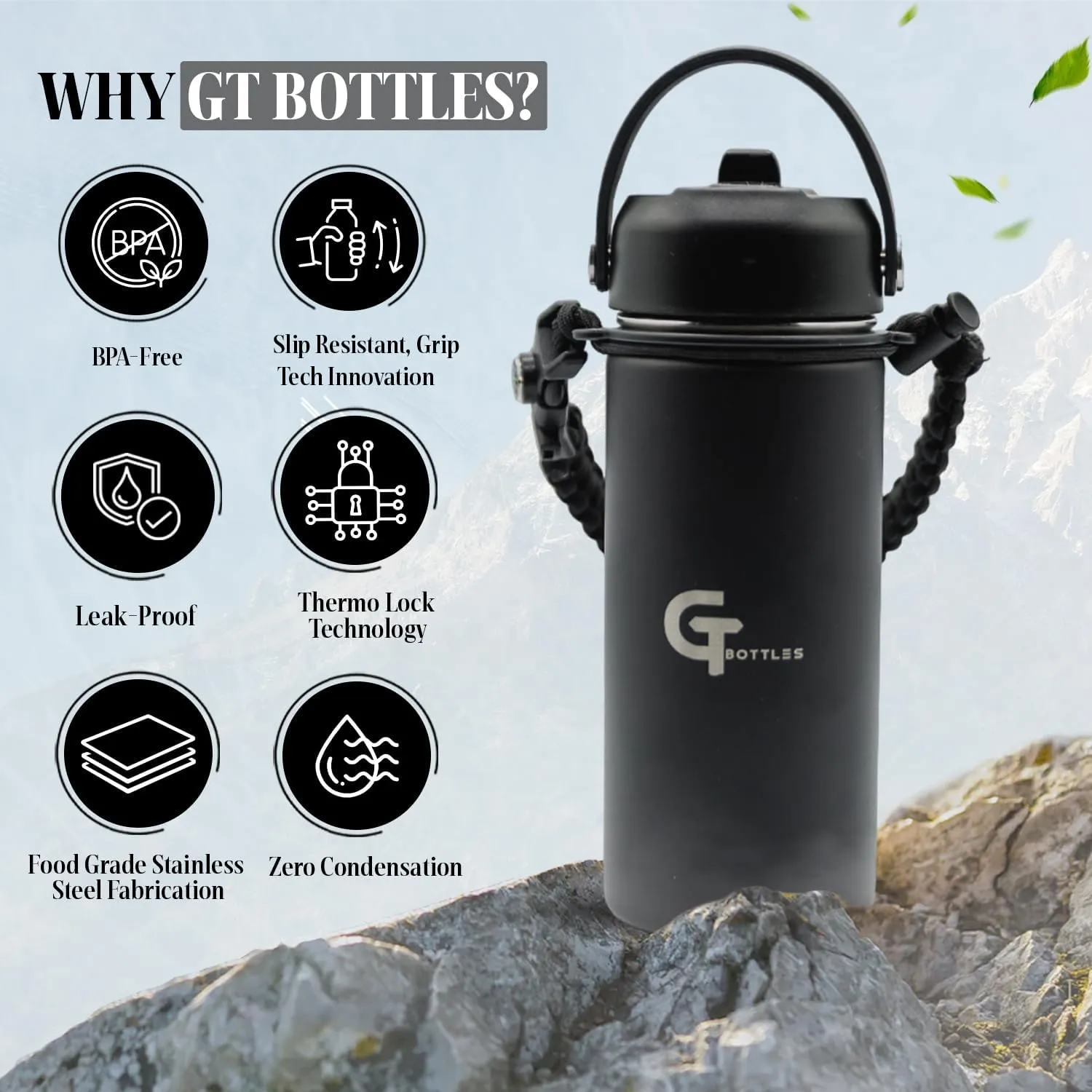 25oz Stainless Steel Vacuum Insulated Wide Mouth Water Bottle with 3 Lids and Paracord Handle for Hot & Cold Beverage (Black, 25oz)