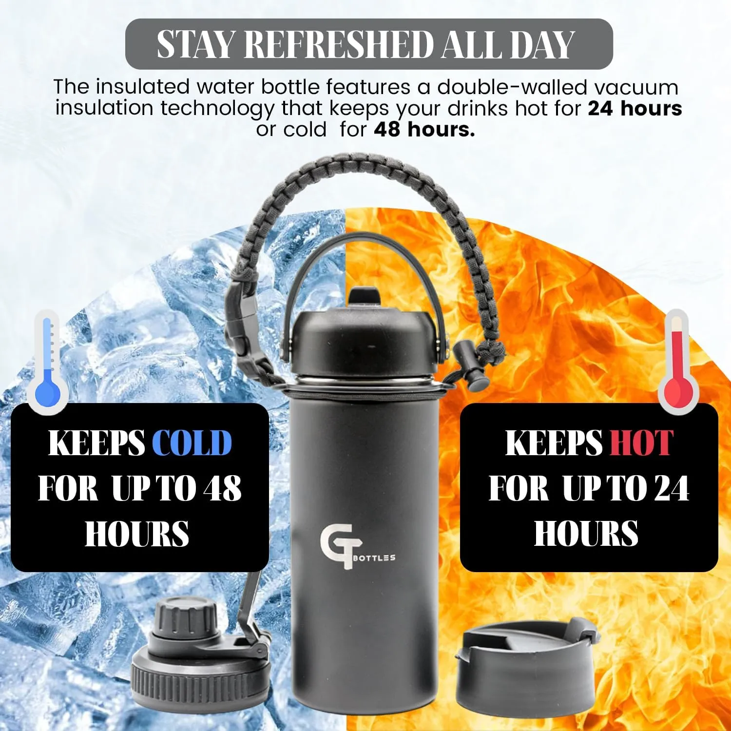 25oz Stainless Steel Vacuum Insulated Wide Mouth Water Bottle with 3 Lids and Paracord Handle for Hot & Cold Beverage (Black, 25oz)