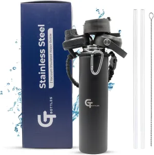 25oz Stainless Steel Vacuum Insulated Wide Mouth Water Bottle with 3 Lids and Paracord Handle for Hot & Cold Beverage (Black, 25oz)
