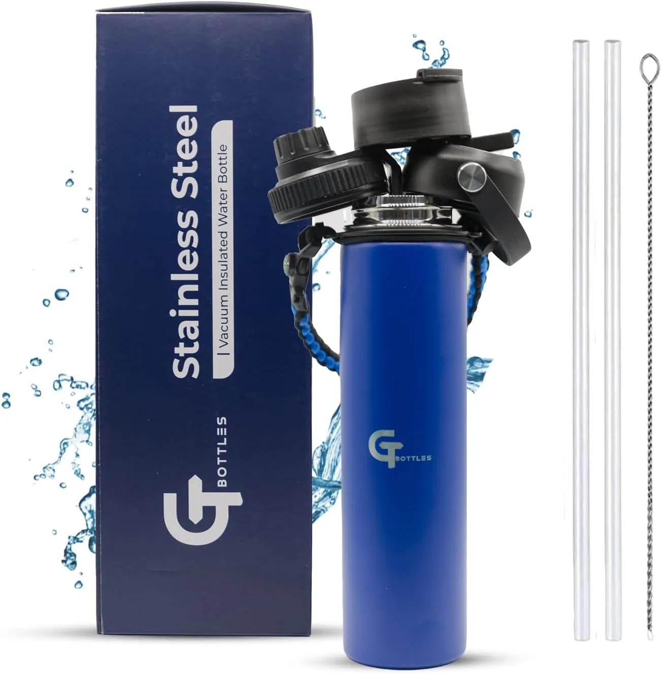 25oz Stainless Steel Vacuum Insulated Wide Mouth Water Bottle with 3 Lids and Paracord Handle for Hot & Cold Beverage (Dark Blue, 25oz)