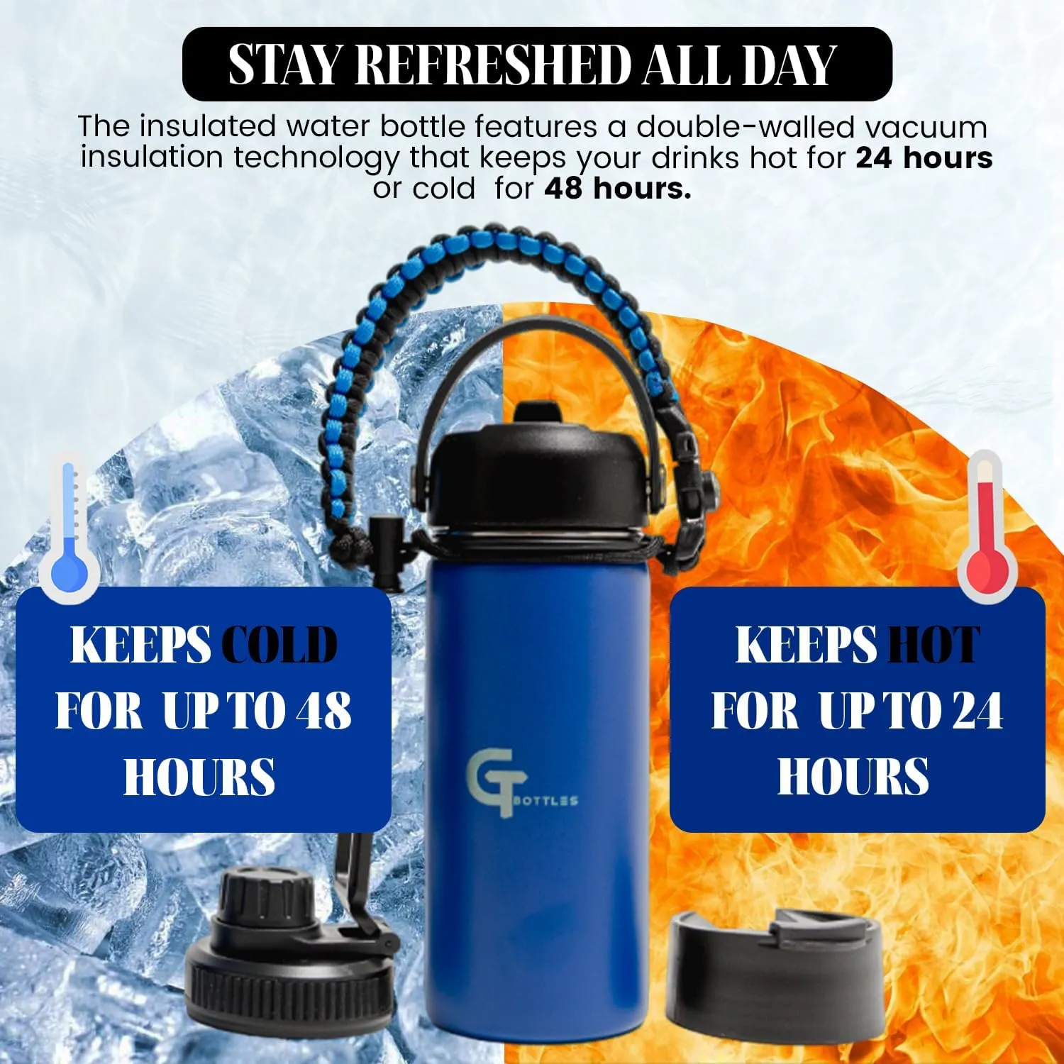 25oz Stainless Steel Vacuum Insulated Wide Mouth Water Bottle with 3 Lids and Paracord Handle for Hot & Cold Beverage (Dark Blue, 25oz)