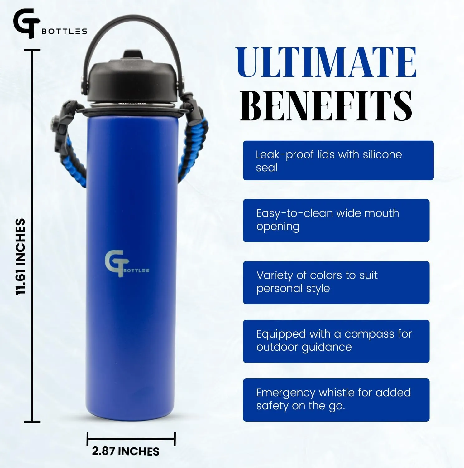 25oz Stainless Steel Vacuum Insulated Wide Mouth Water Bottle with 3 Lids and Paracord Handle for Hot & Cold Beverage (Dark Blue, 25oz)