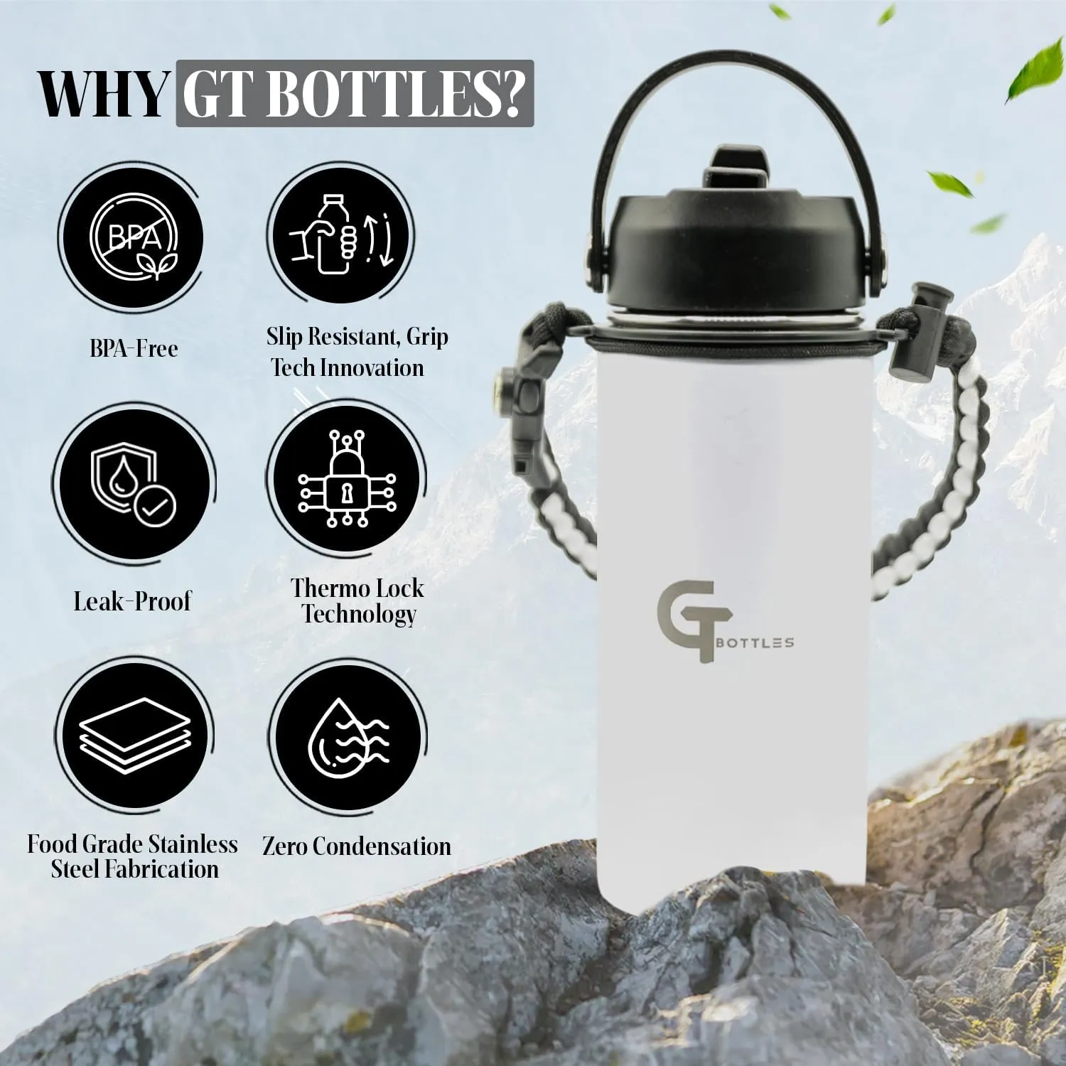 25oz Stainless Steel Vacuum Insulated Wide Mouth Water Bottle with 3 Lids and Paracord Handle for Hot & Cold Beverage (White, 25oz)