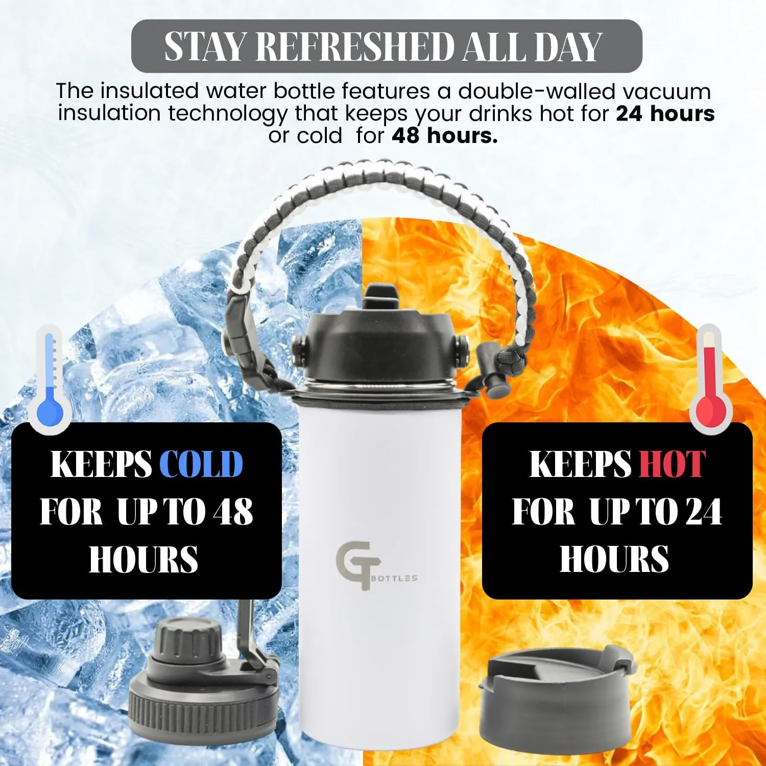 25oz Stainless Steel Vacuum Insulated Wide Mouth Water Bottle with 3 Lids and Paracord Handle for Hot & Cold Beverage (White, 25oz)