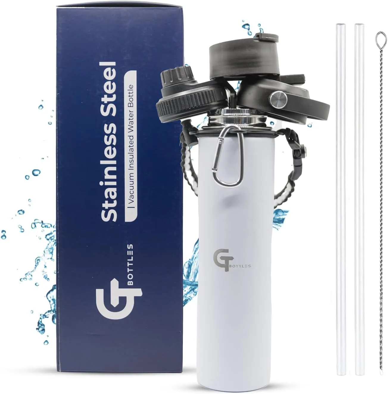 25oz Stainless Steel Vacuum Insulated Wide Mouth Water Bottle with 3 Lids and Paracord Handle for Hot & Cold Beverage (White, 25oz)