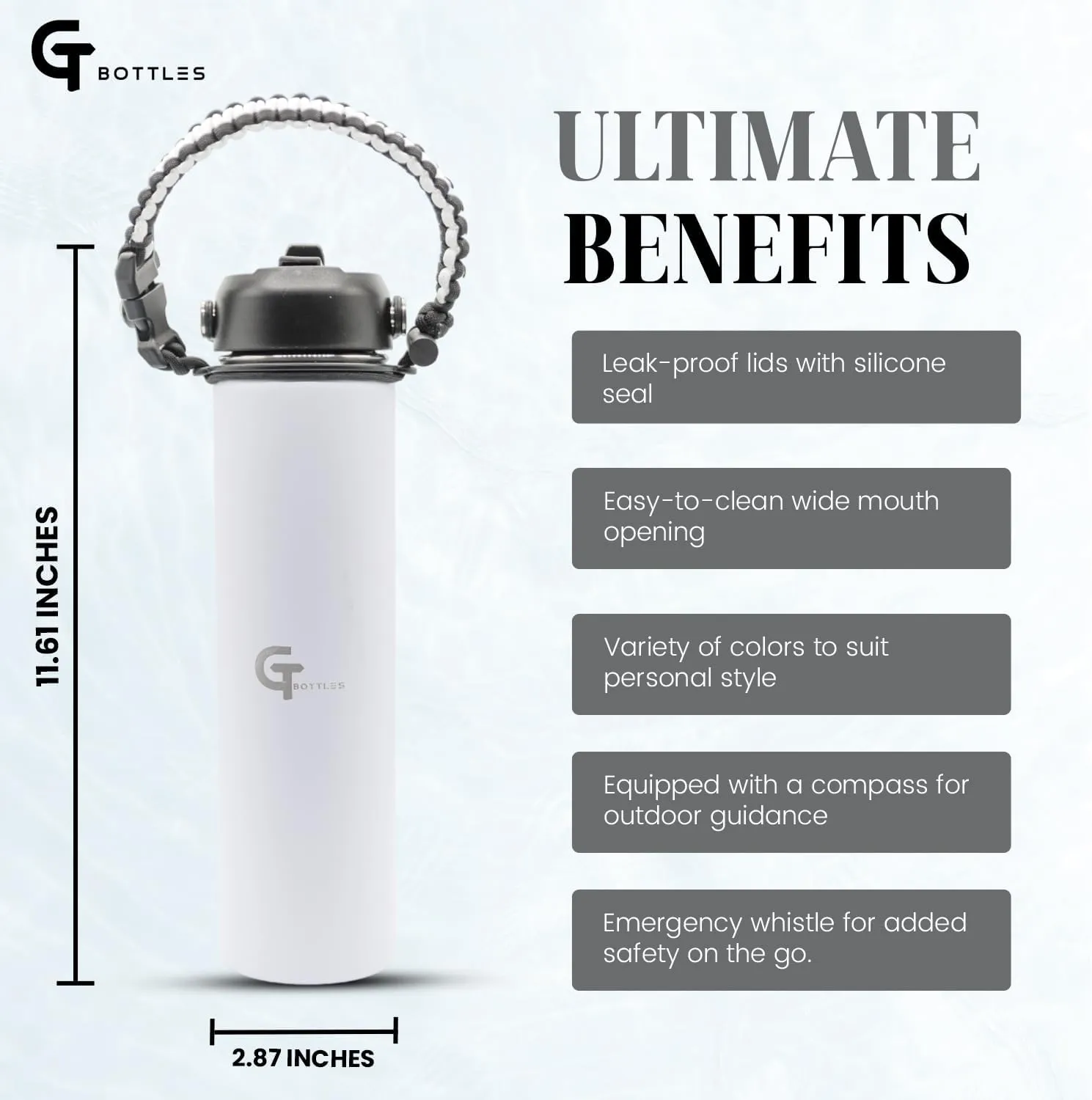 25oz Stainless Steel Vacuum Insulated Wide Mouth Water Bottle with 3 Lids and Paracord Handle for Hot & Cold Beverage (White, 25oz)