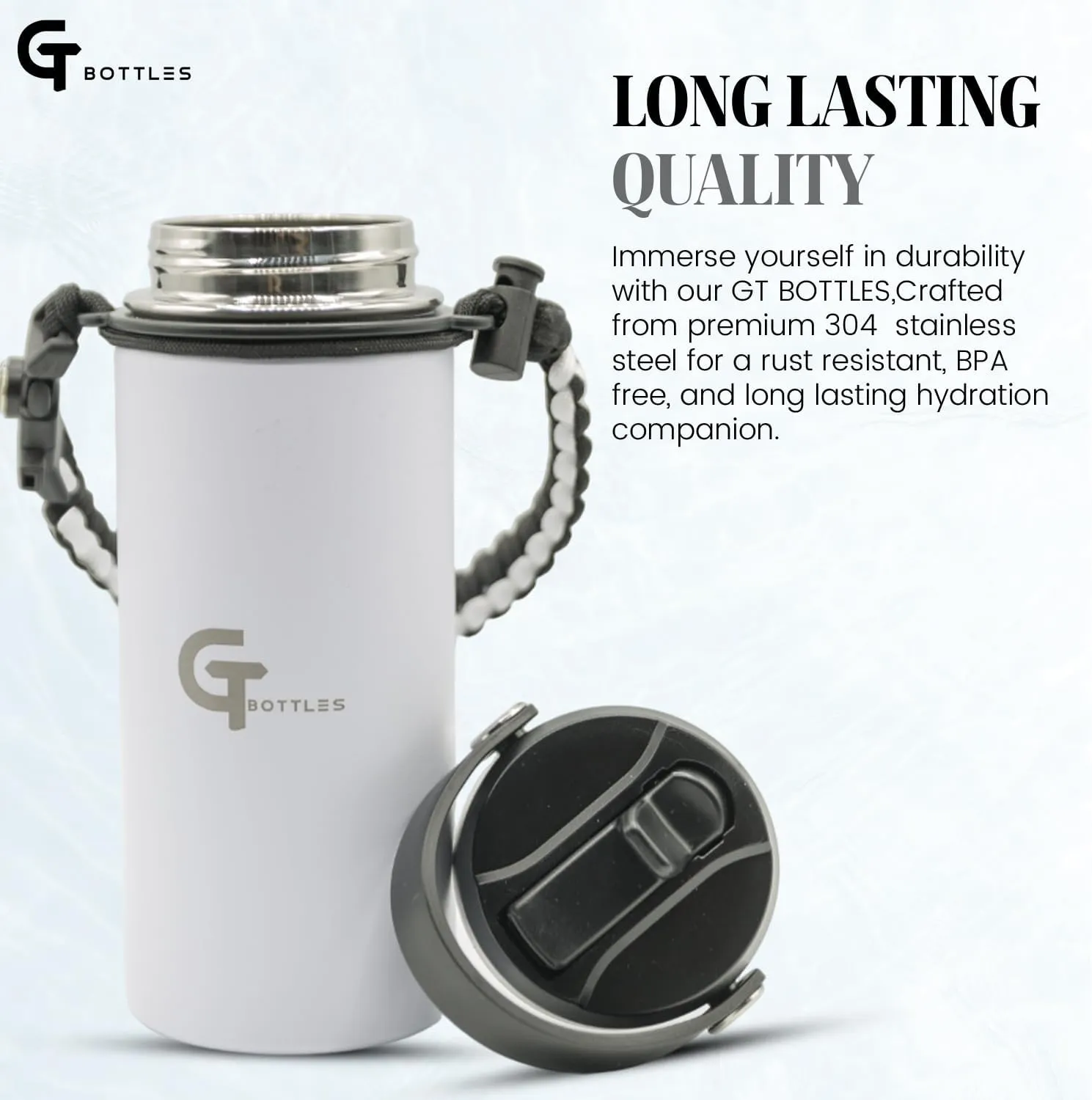 25oz Stainless Steel Vacuum Insulated Wide Mouth Water Bottle with 3 Lids and Paracord Handle for Hot & Cold Beverage (White, 25oz)