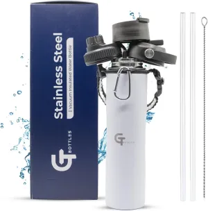 25oz Stainless Steel Vacuum Insulated Wide Mouth Water Bottle with 3 Lids and Paracord Handle for Hot & Cold Beverage (White, 25oz)