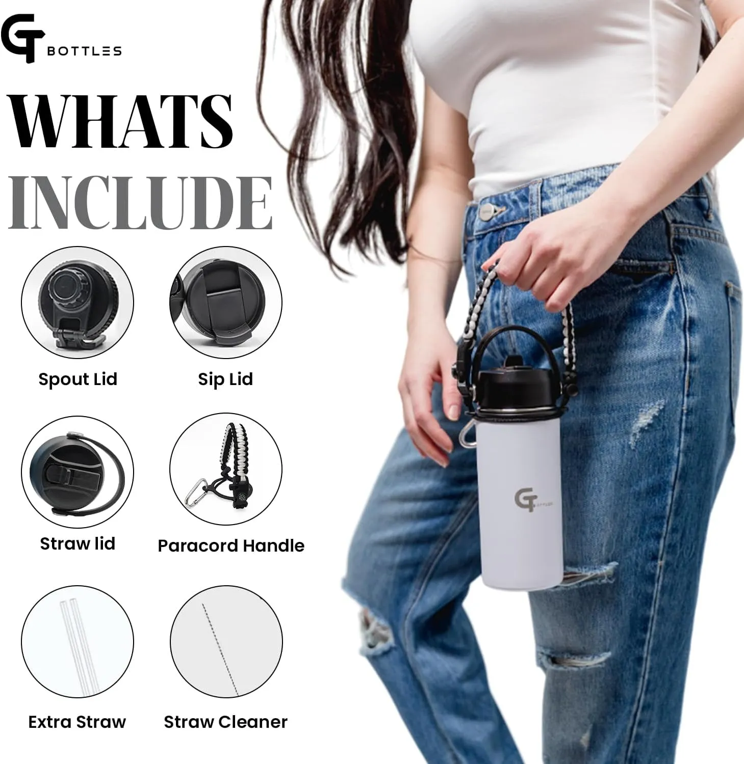 25oz Stainless Steel Vacuum Insulated Wide Mouth Water Bottle with 3 Lids and Paracord Handle for Hot & Cold Beverage (White, 25oz)