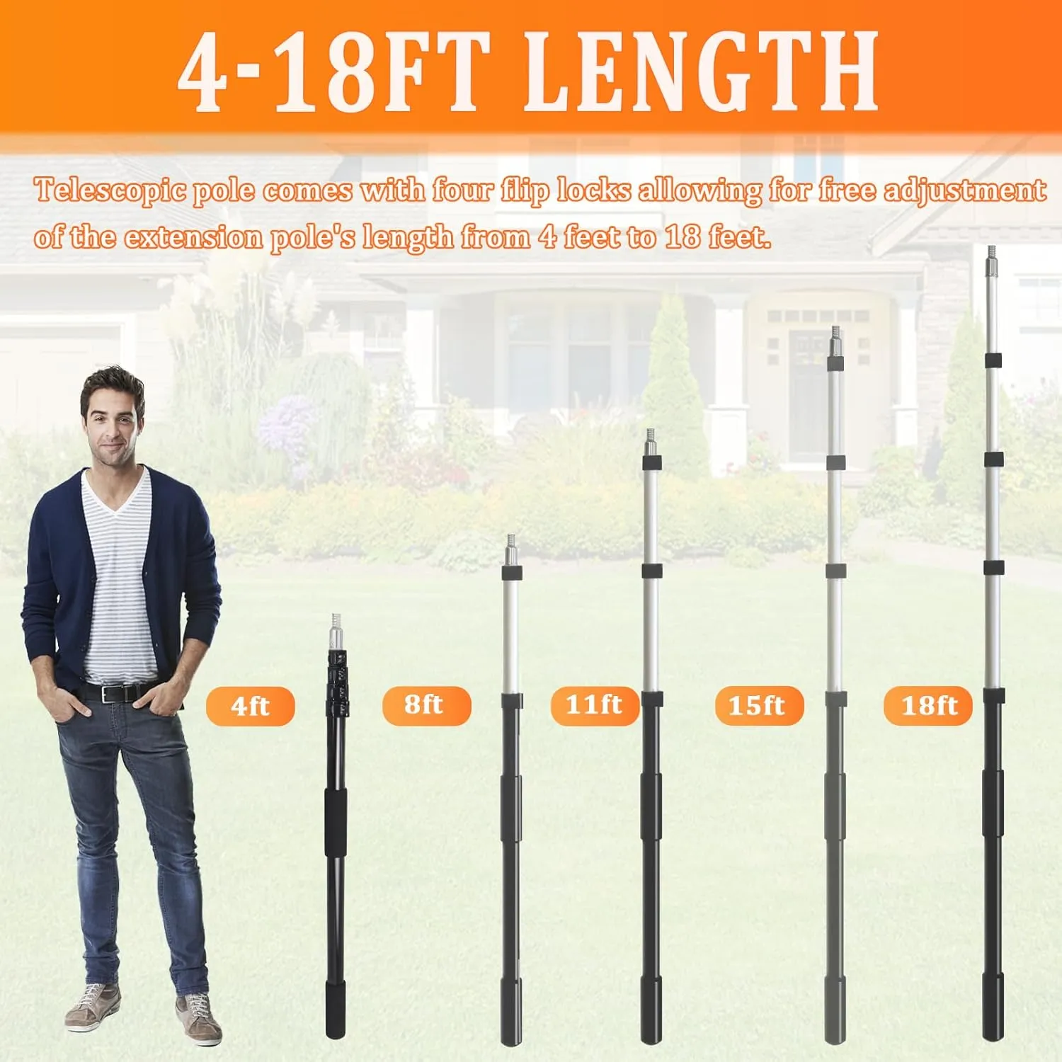 26FT Reach Telescoping Extension Pole, 4-18FT Multi-Purpose Extendable Pole with Universal Twist-on Metal Tip, Lightweight Sturdy Aluminum Paint Roller Extension Pole for Dusting Painting Cleaning