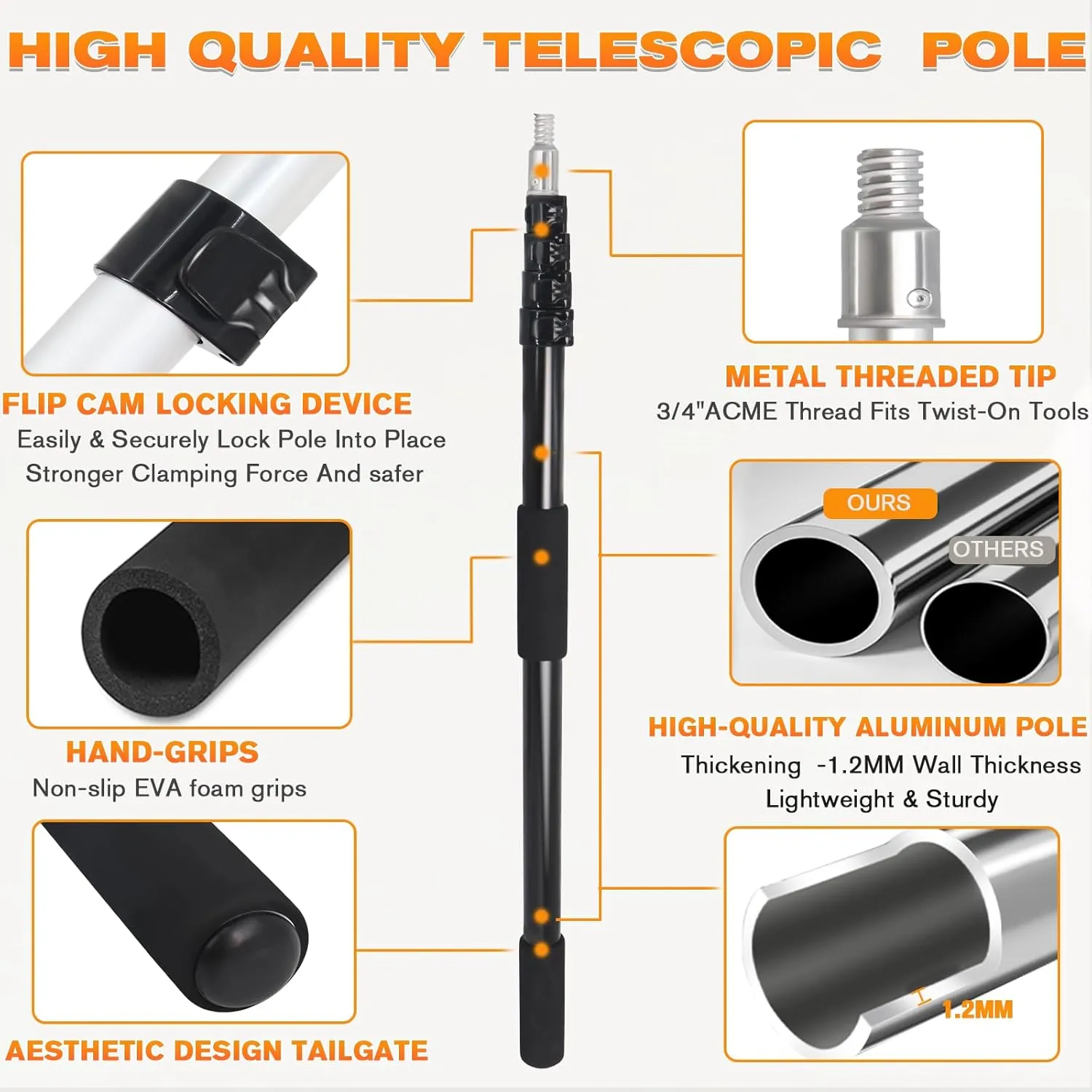 26FT Reach Telescoping Extension Pole, 4-18FT Multi-Purpose Extendable Pole with Universal Twist-on Metal Tip, Lightweight Sturdy Aluminum Paint Roller Extension Pole for Dusting Painting Cleaning