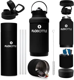 28 oz Water Bottle With Storage Bundle Pack | Chugger With Articulating Lid & Soft Handle   3 Pack Staw & Cleaner   EZ Grip Flexible Boot   EZ Grip Flexible Protective Neck (Jetero Black)