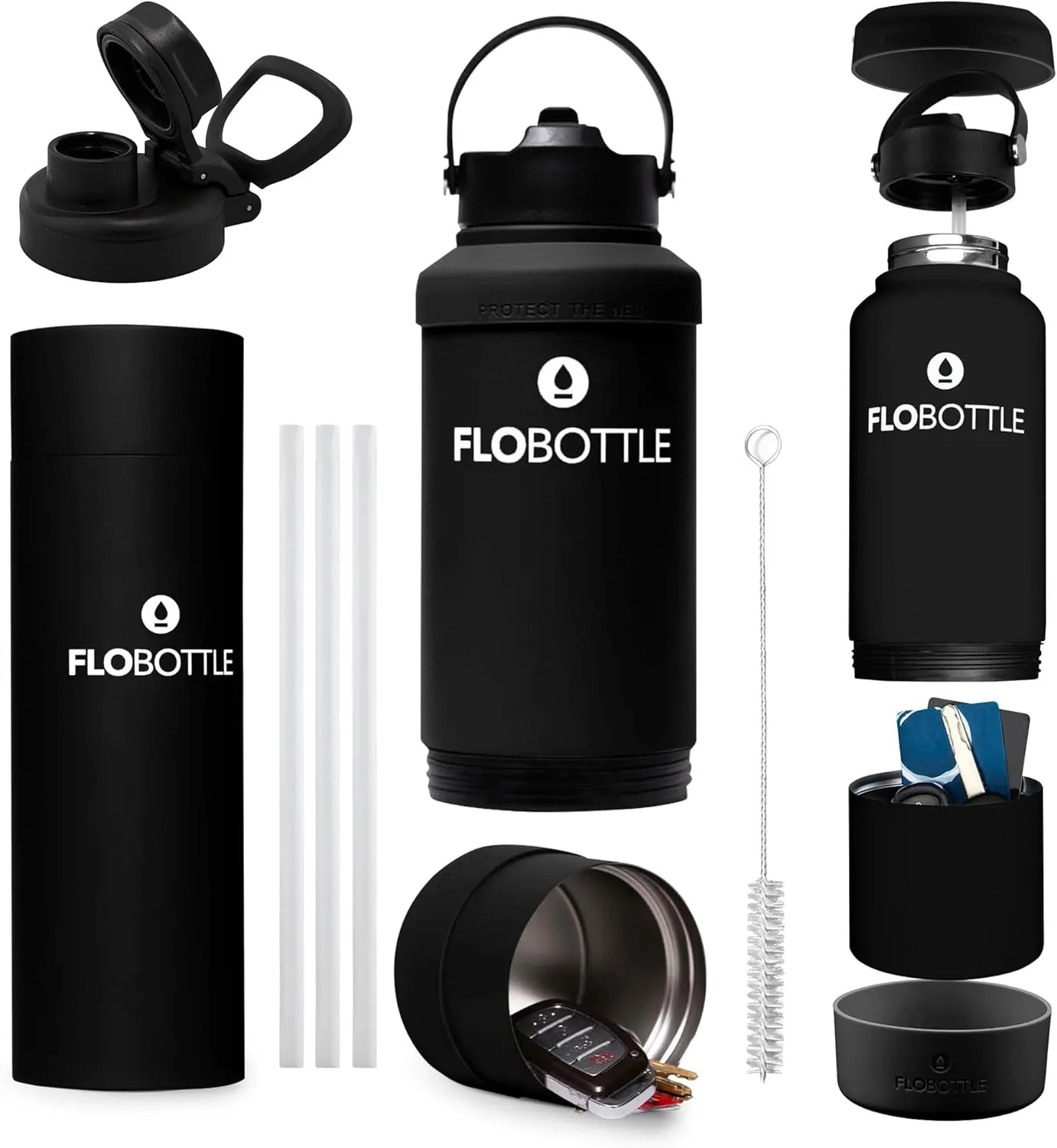 28 oz Water Bottle With Storage Bundle Pack | Chugger With Articulating Lid & Soft Handle   3 Pack Staw & Cleaner   EZ Grip Flexible Boot   EZ Grip Flexible Protective Neck (Jetero Black)