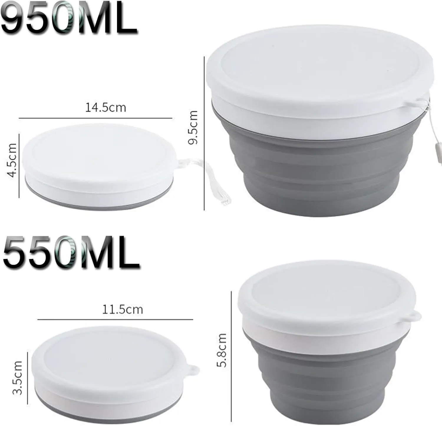 2Pack 550-1000ML Multi - Use Silicone Foldable Set, Lunch Box, Bowl With Lid—Perfect for Outdoor(Gray,550ML)