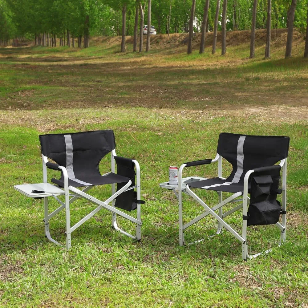 2pcs Oversized Folding Chair, Lightweight Director Chairs with Side Table & Storage Pockets, Portable Design for Camping, Backyard, Patio, Beach,Fishing (Black  Gray)