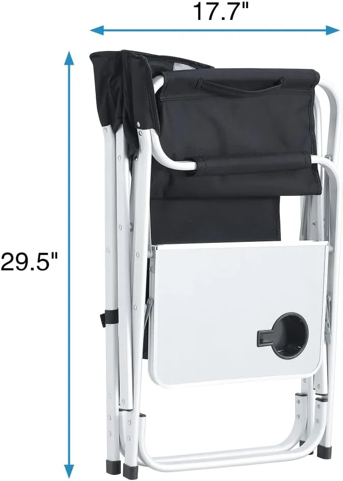 2pcs Oversized Folding Chair, Lightweight Director Chairs with Side Table & Storage Pockets, Portable Design for Camping, Backyard, Patio, Beach,Fishing (Black  Gray)