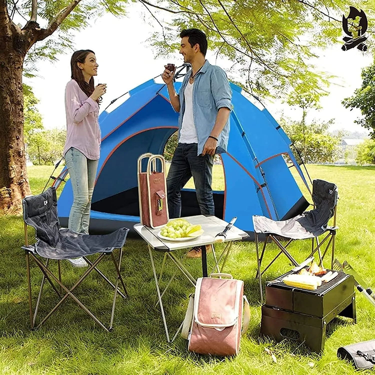 3-4 Person Family Camping Tent Automatic Instant Pop Up PU3000mm 210D Oxford Material Family-Sized Groups Camp Beach Tents (Blue)