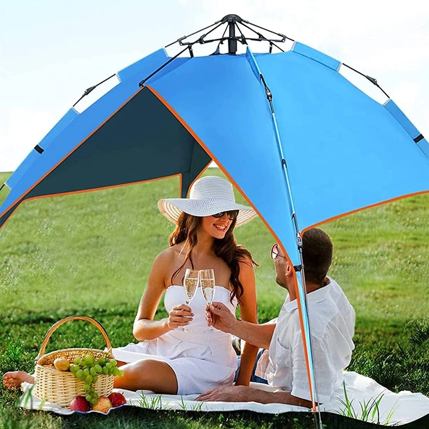 3-4 Person Family Camping Tent Automatic Instant Pop Up PU3000mm 210D Oxford Material Family-Sized Groups Camp Beach Tents (Green)
