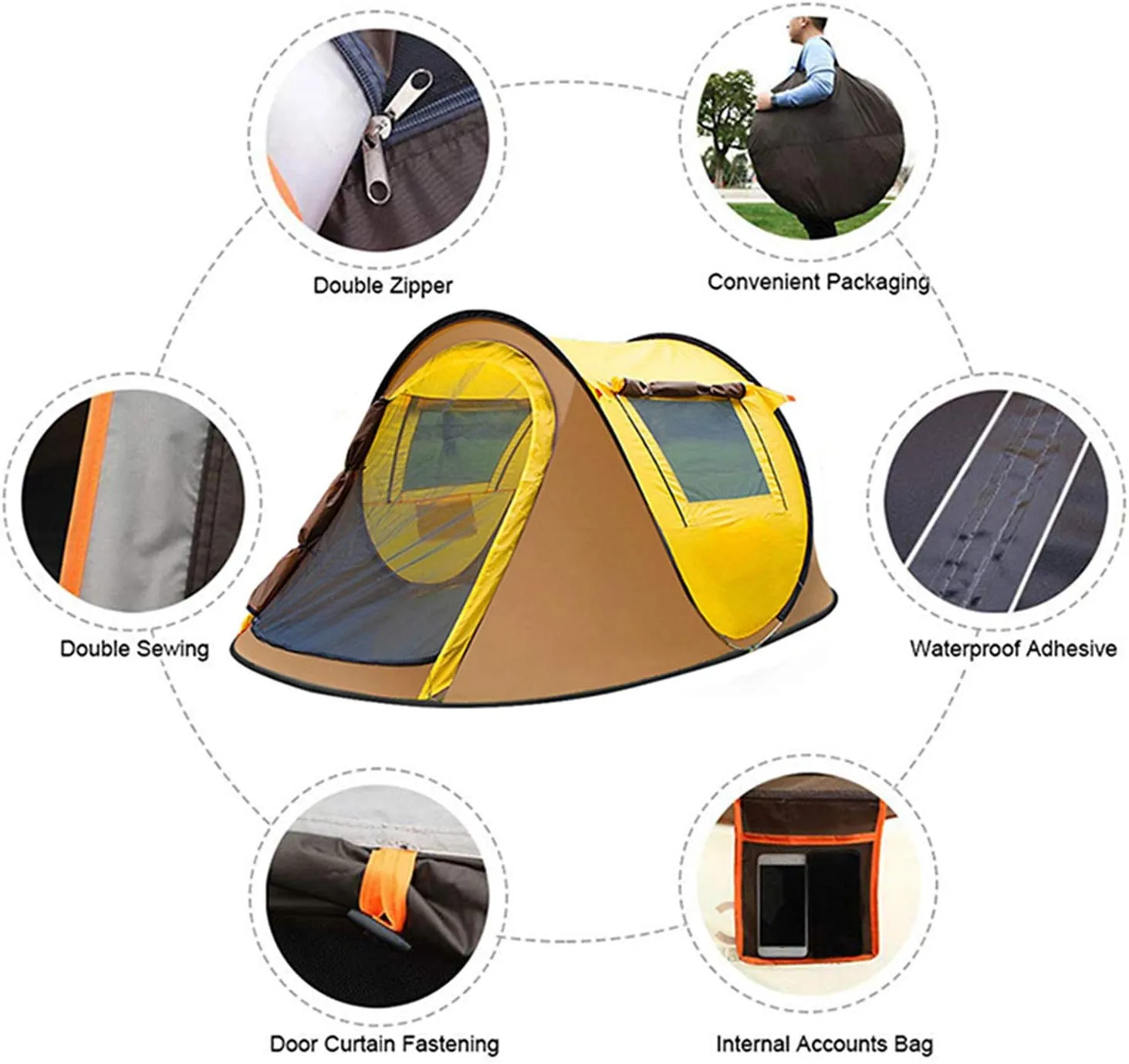 3-4 Person Pop Up Camping Tents, Automatic Portable Family Tent with Two Windows and Two Doors, Single Layer Waterproof Easy Setup Outdoor Dome Tent for Picnic, Hiking, Fishing