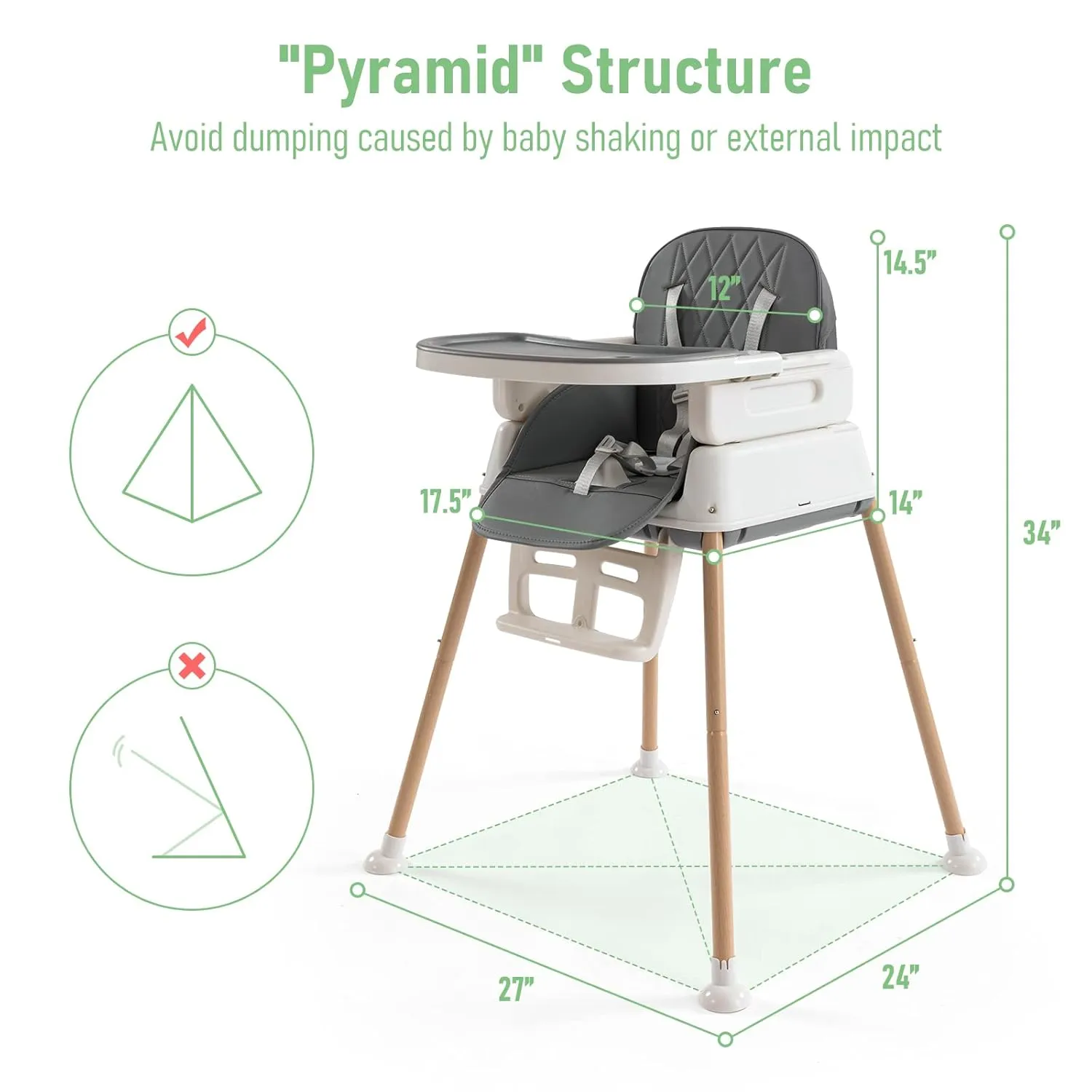 3-in-1 Convertible Baby High Chair with Adjustable Feeding Tray, 5 Point Harness, Footrest - Portable, Gray