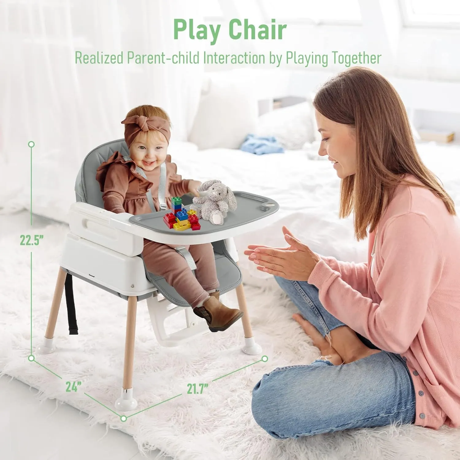 3-in-1 Convertible Baby High Chair with Adjustable Feeding Tray, 5 Point Harness, Footrest - Portable, Gray