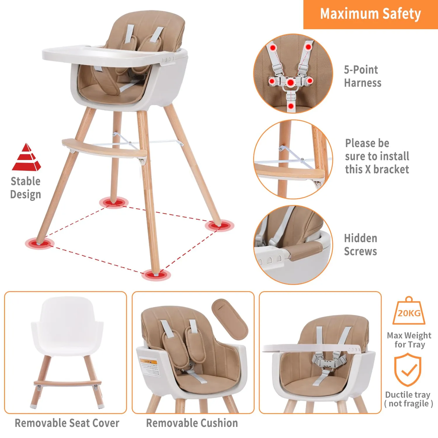3-in-1 Convertible Wooden High Chair, High Chairs for Babies and Toddlers, Baby High Chair with Adjustable Legs & Dishwasher Safe Tray, Made of Sleek Hardwood & Premium Leatherette, Brown Color
