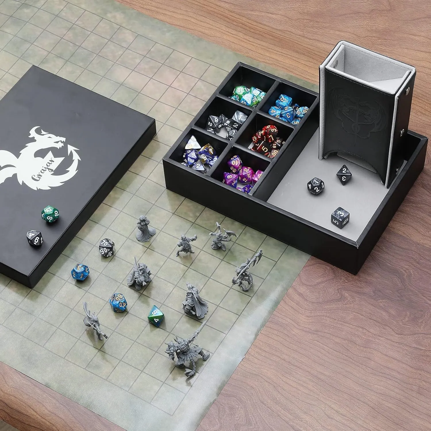 3 in 1 Dice Tray with Lid and Storage Tower, Portable Dice Box Holder for D&D RPG MTG Table Games - Gray